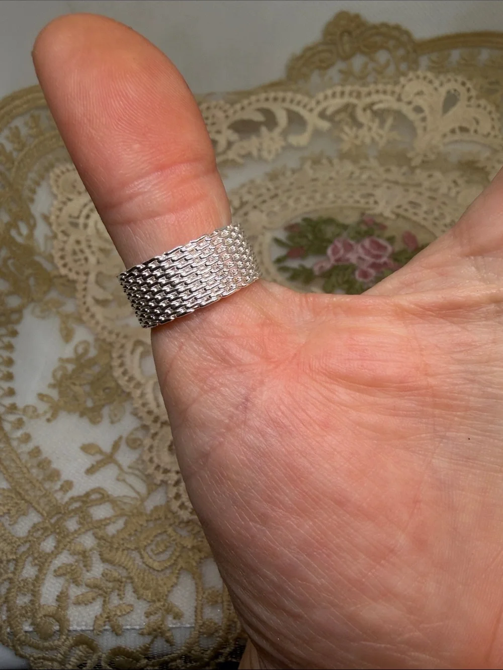 925 Sterling Silver Flexible Mesh Ring Sz 8 | Industrial Statement Maximalism